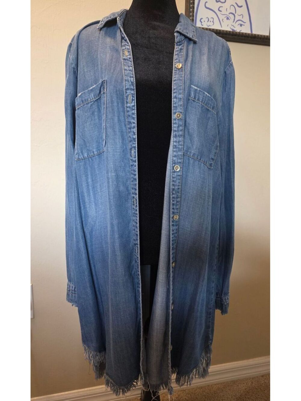 Workshop Republic Clothing XL Long Denim Shirt Dress with Frayed Hem